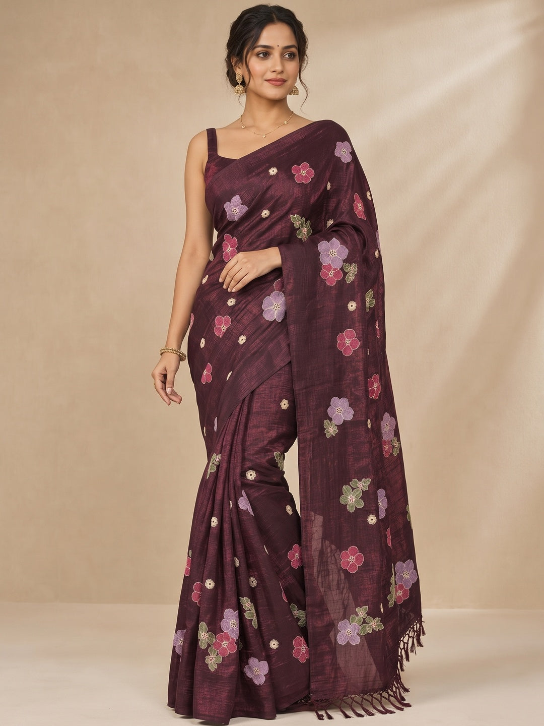 Peachmode Maroon Crunchy Saree with Floral Embroidery Work - Image 4