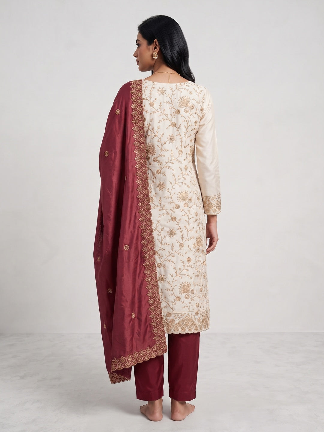 Off White Maroon Thread Motifs Vichitra Silk Unstitched Salwar Material - Image 2