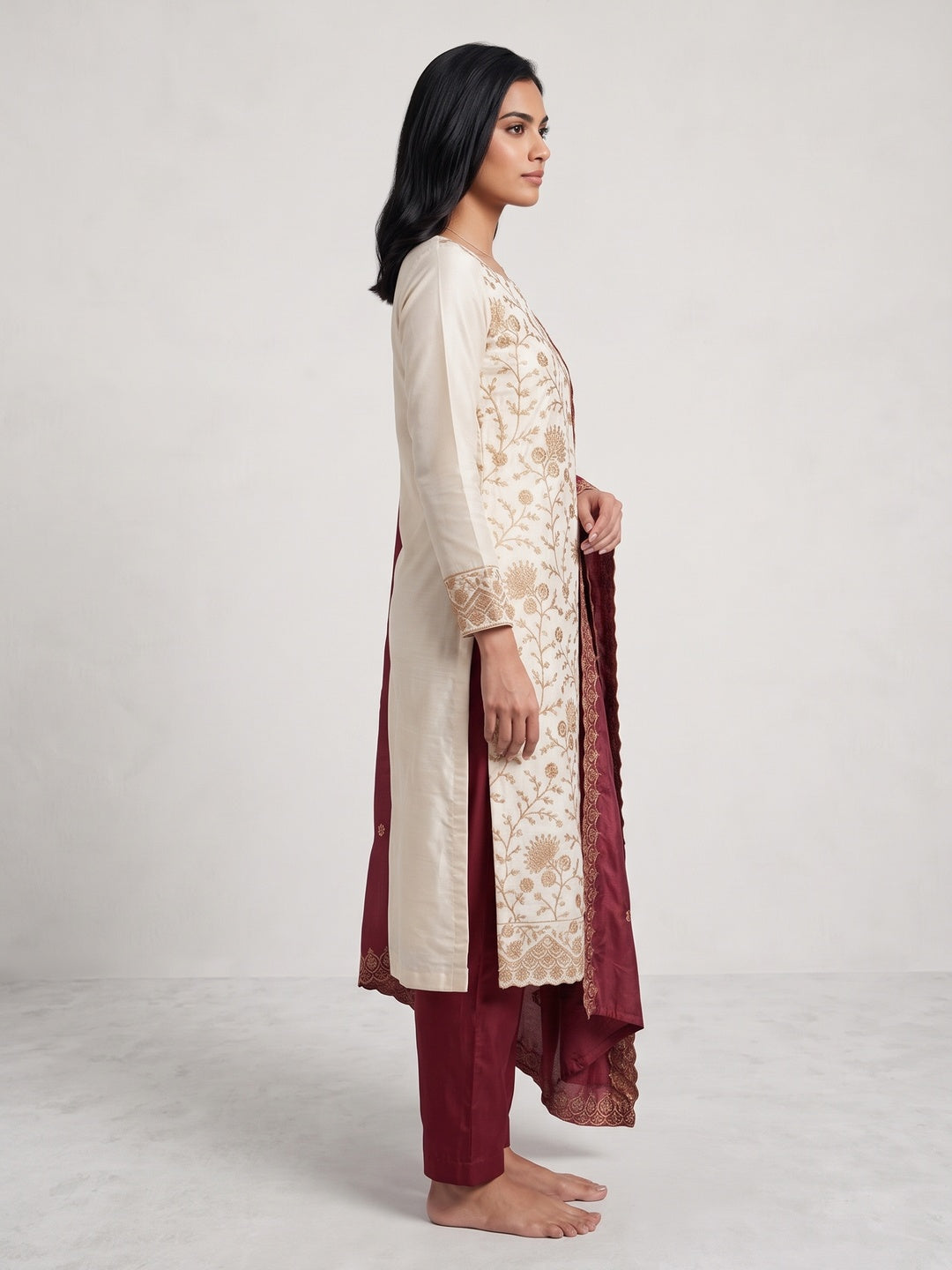 Off White Maroon Thread Motifs Vichitra Silk Unstitched Salwar Material - Image 3