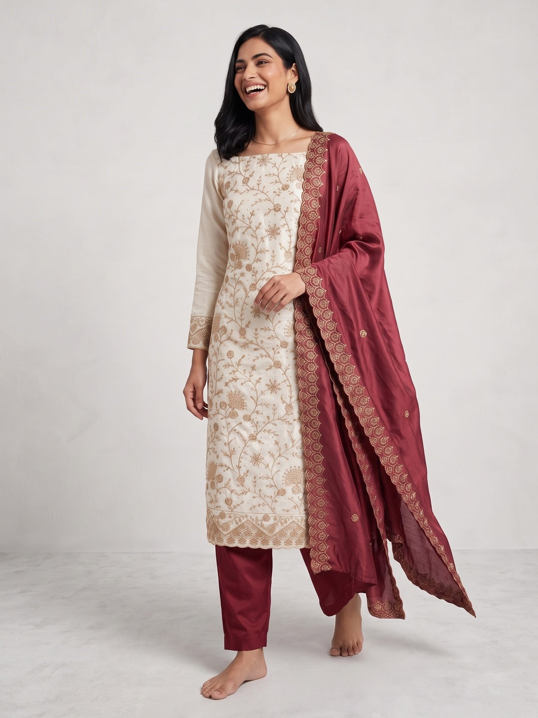 Off White Maroon Thread Motifs Vichitra Silk Unstitched Salwar Material - Image 4
