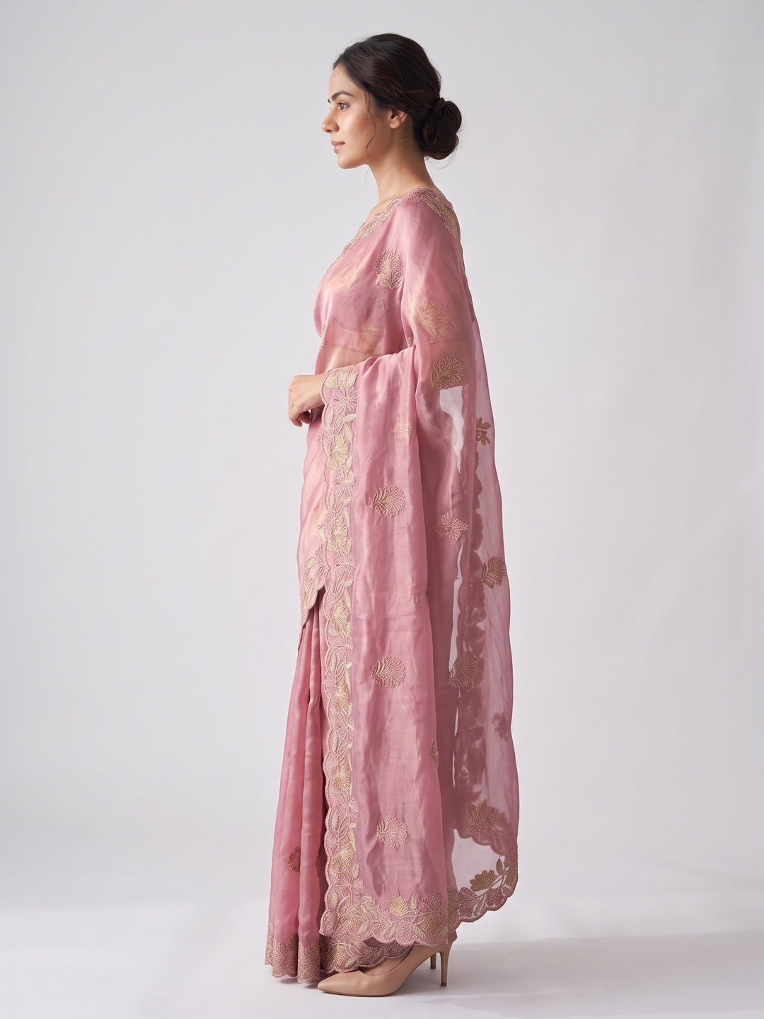 Elegant Pink Satin Embroidered Saree with Intricate Floral Motifs - Image 3