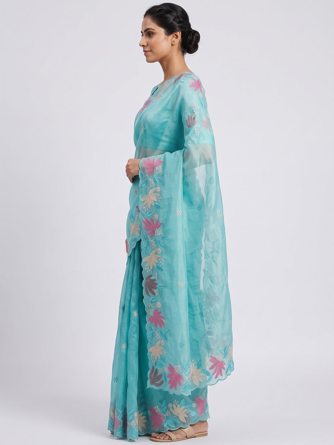 Turquoise Organza Party Saree with Intricate Floral Embroidery - Image 3