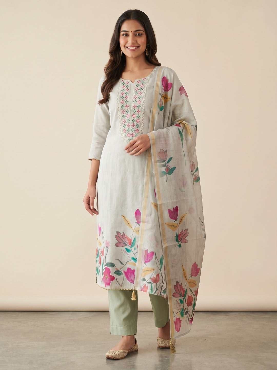 Elegant Grey Linen Dress Material with Floral Thread Work and Dupatta - Image 2