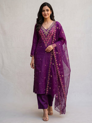 Elegant Purple Art Silk Floral Embroidered Dress Material Set - Image 1