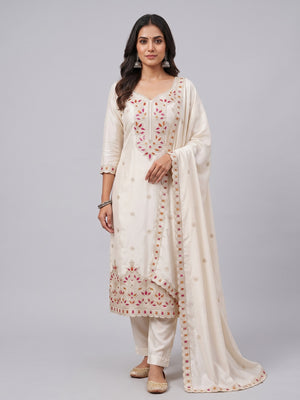 Off White Thread Embroidered Vichitra Silk Dress Material - Image 2