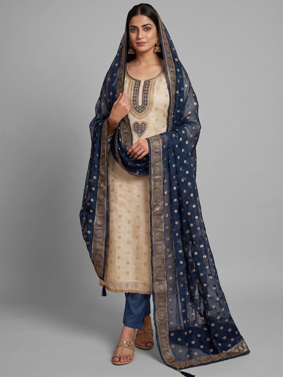 Cream & Blue Butti Weaving Shimmer Dress Material With Elegant Cording Embroidery Work On Neck - Image 2