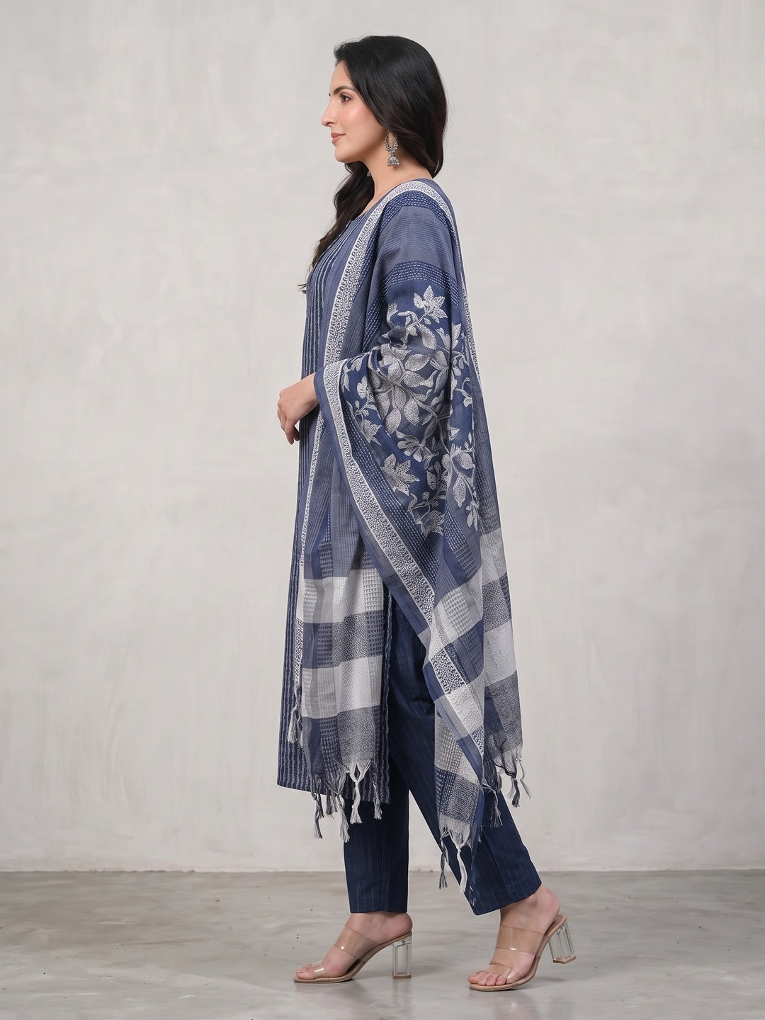 Blue Striped Cotton Blend Straight Kurta Set with Matching Dupatta - Image 2