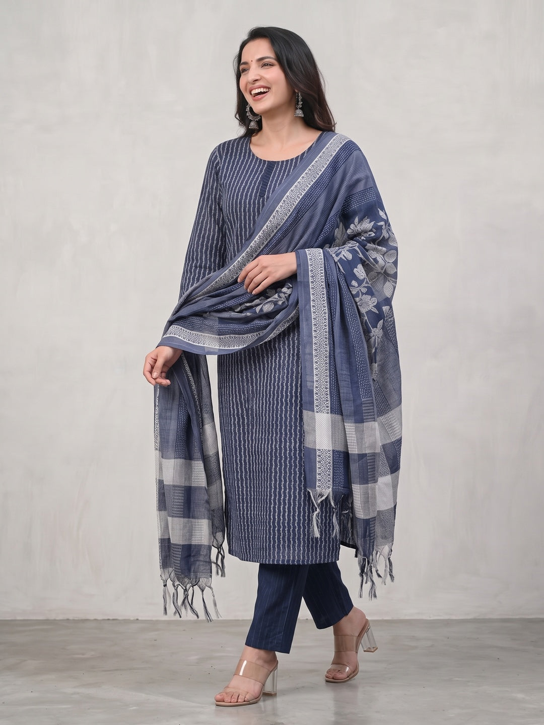 Blue Striped Cotton Blend Straight Kurta Set with Matching Dupatta - Image 3