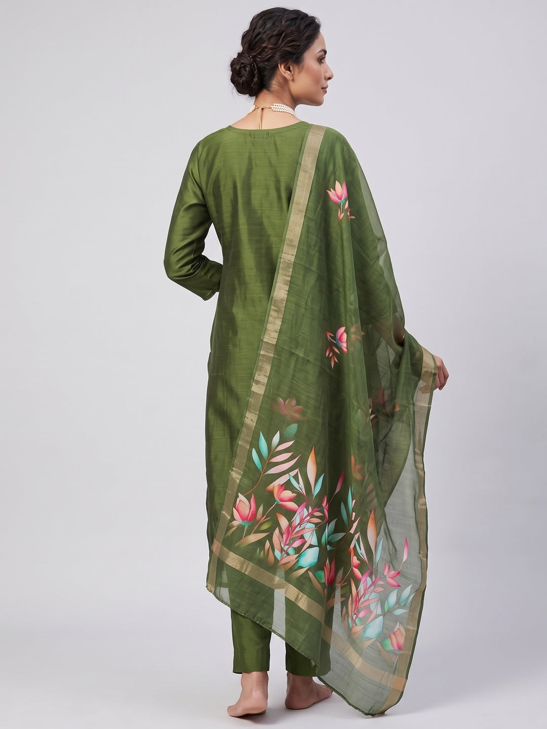 Festive Green Floral Embroidered Art Silk Dress Material with Fine Thread Work - Image 2