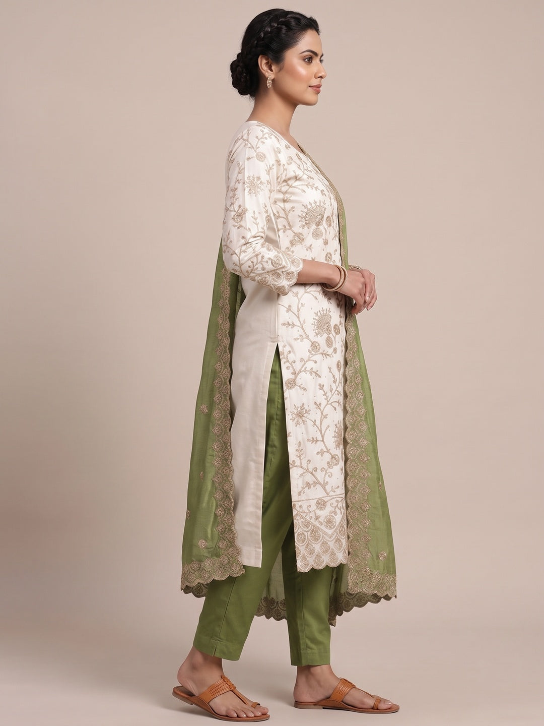 Off White Green Thread Motifs Vichitra Silk Unstitched Salwar Material - Image 3