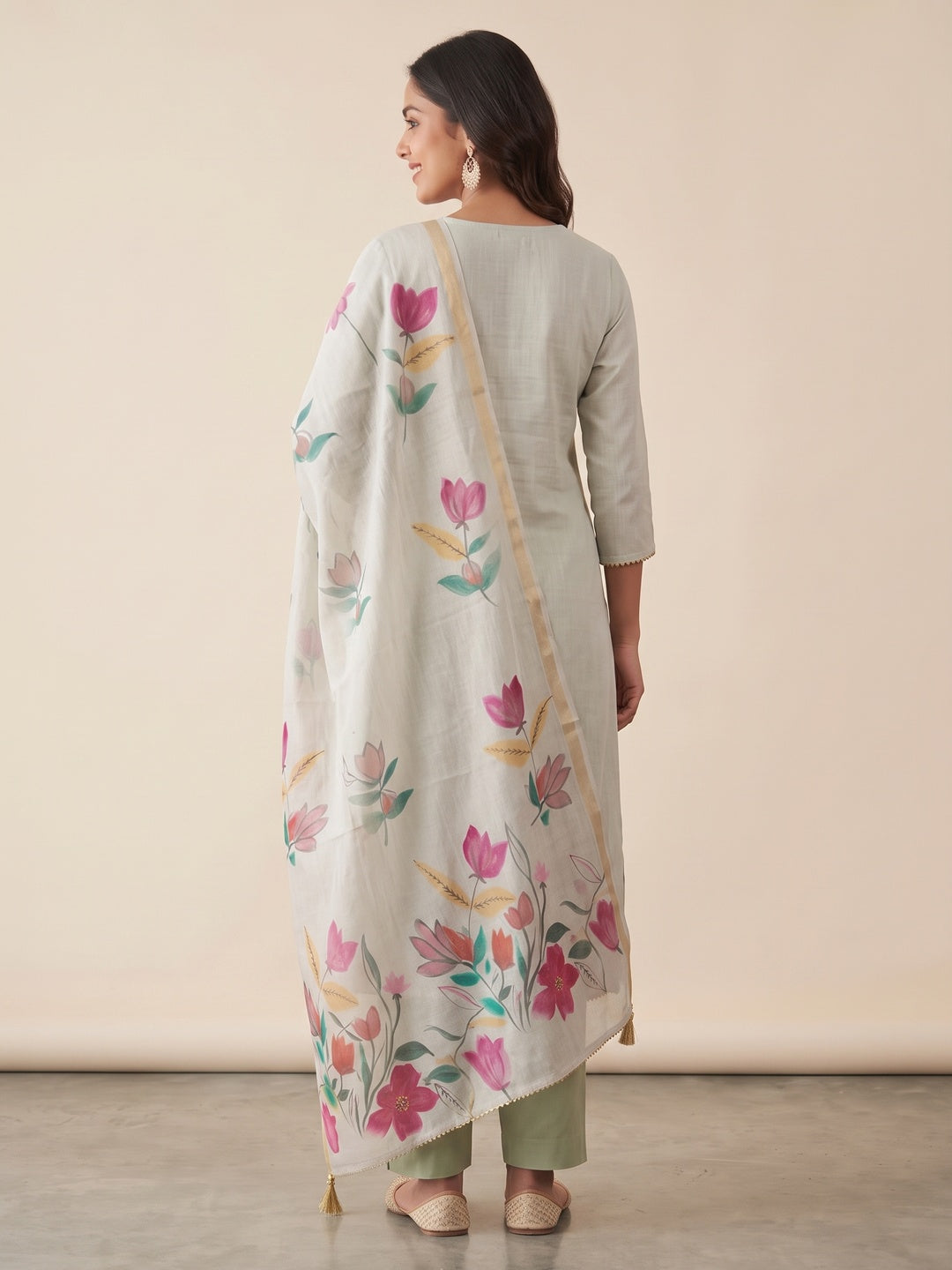 Elegant Grey Linen Dress Material with Floral Thread Work and Dupatta - Image 3