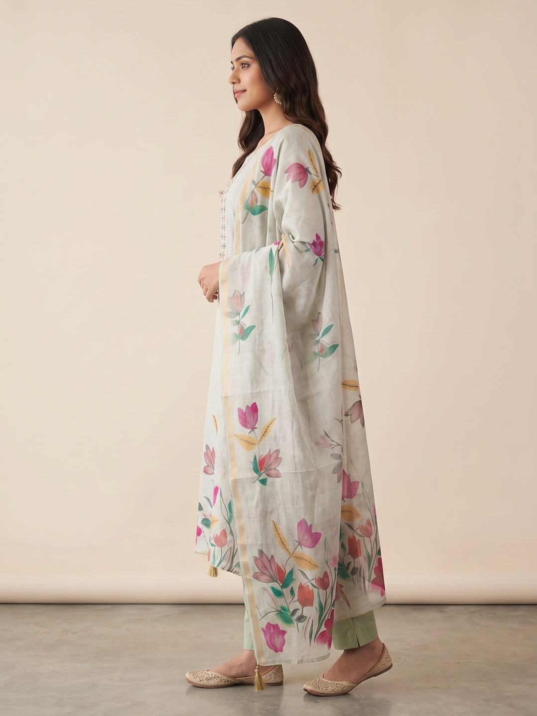 Elegant Grey Linen Dress Material with Floral Thread Work and Dupatta - Image 4