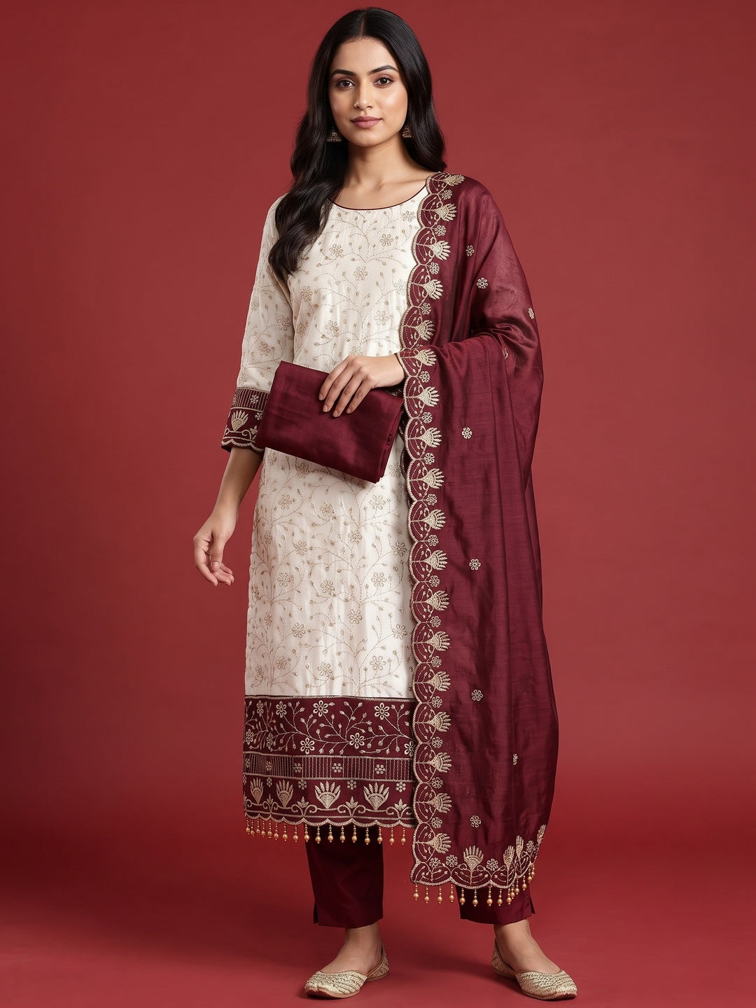 Chic OffWhite & Maroon Vichitra Silk Dress Material Adorned With Floral Embroidery - Image 1