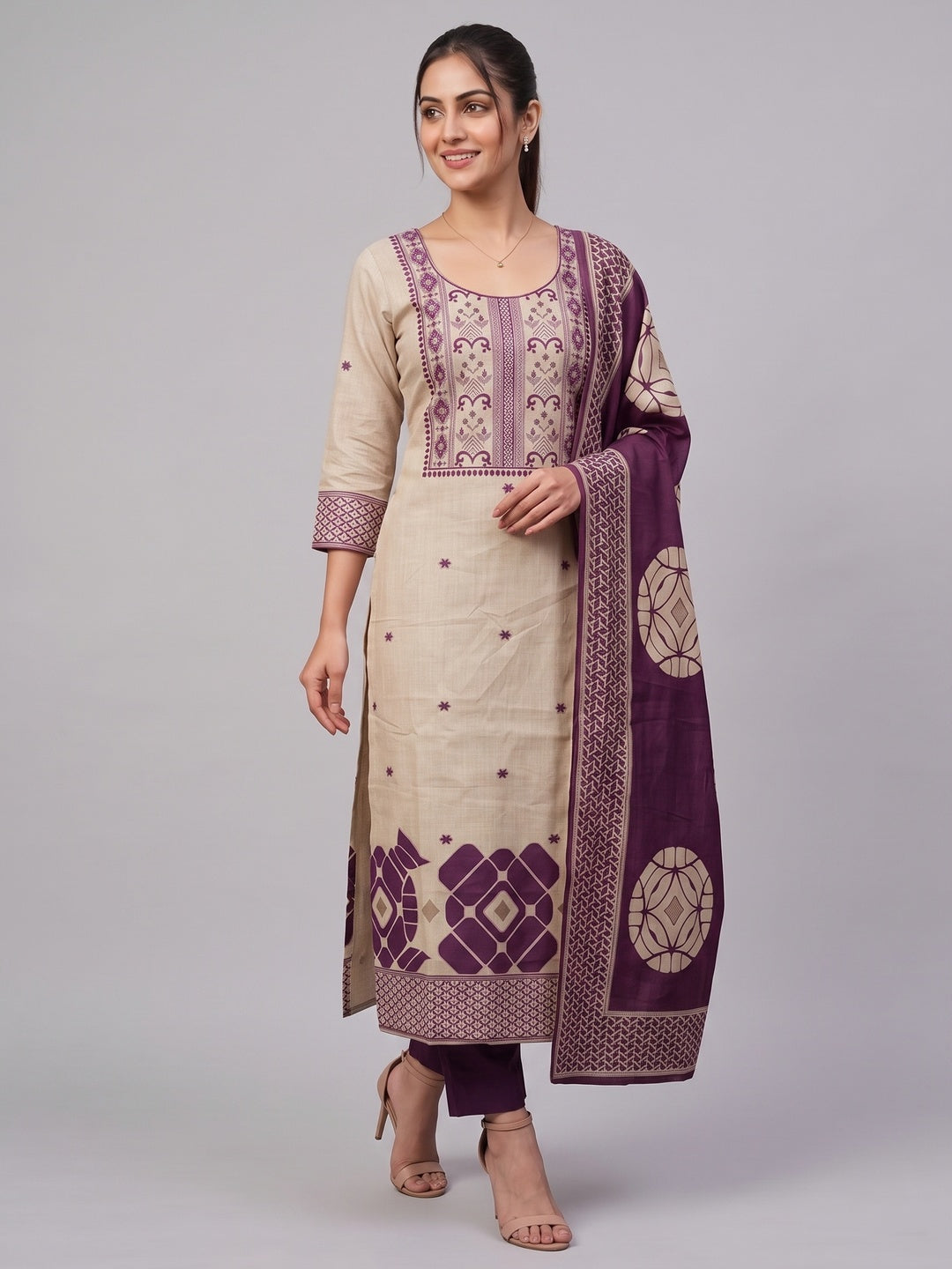 Peachmode Purple Cotton Dress Material with Geometric - Image 5