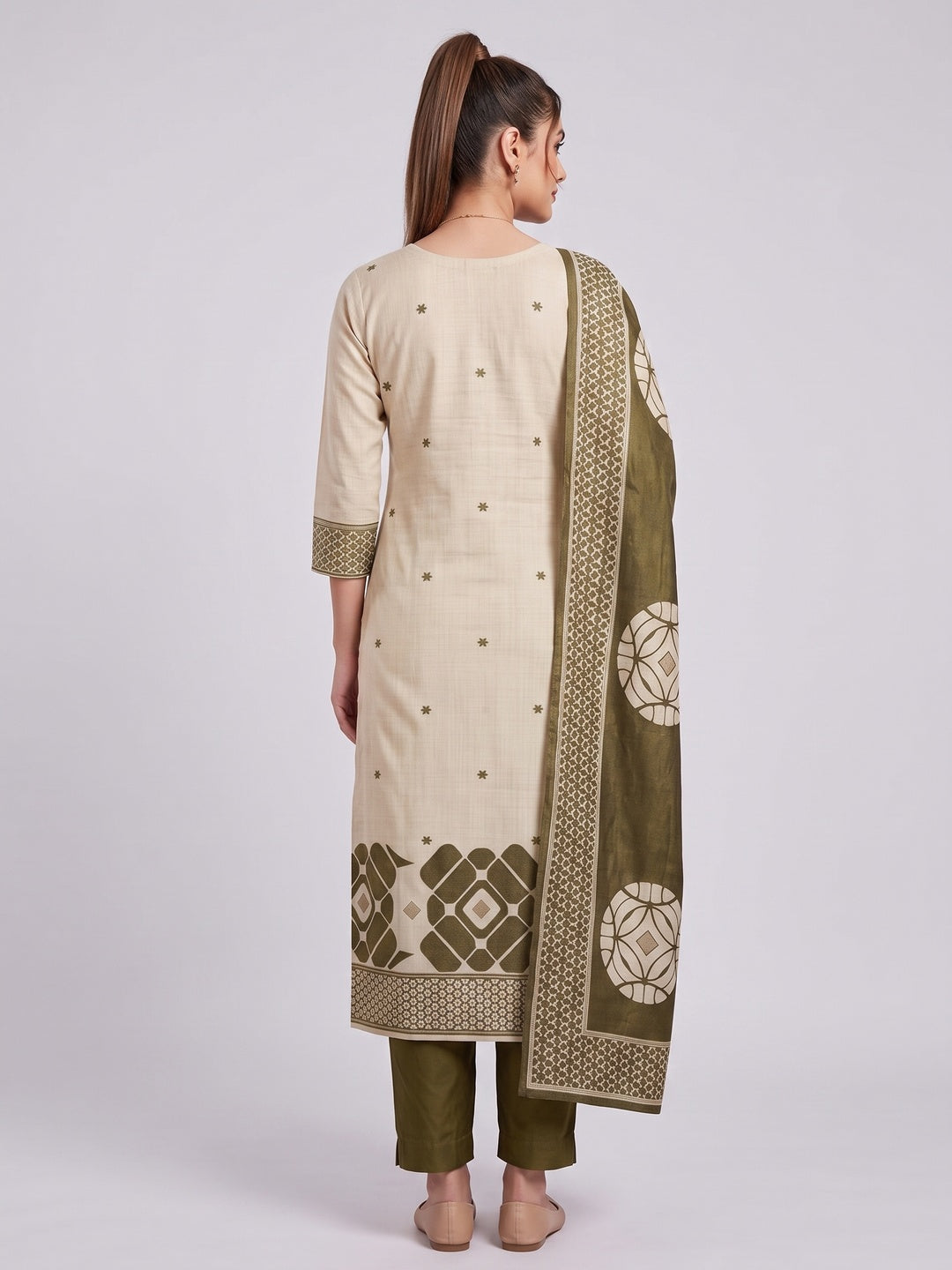 Peachmode Green Cotton Dress Material with Geometric - Image 3