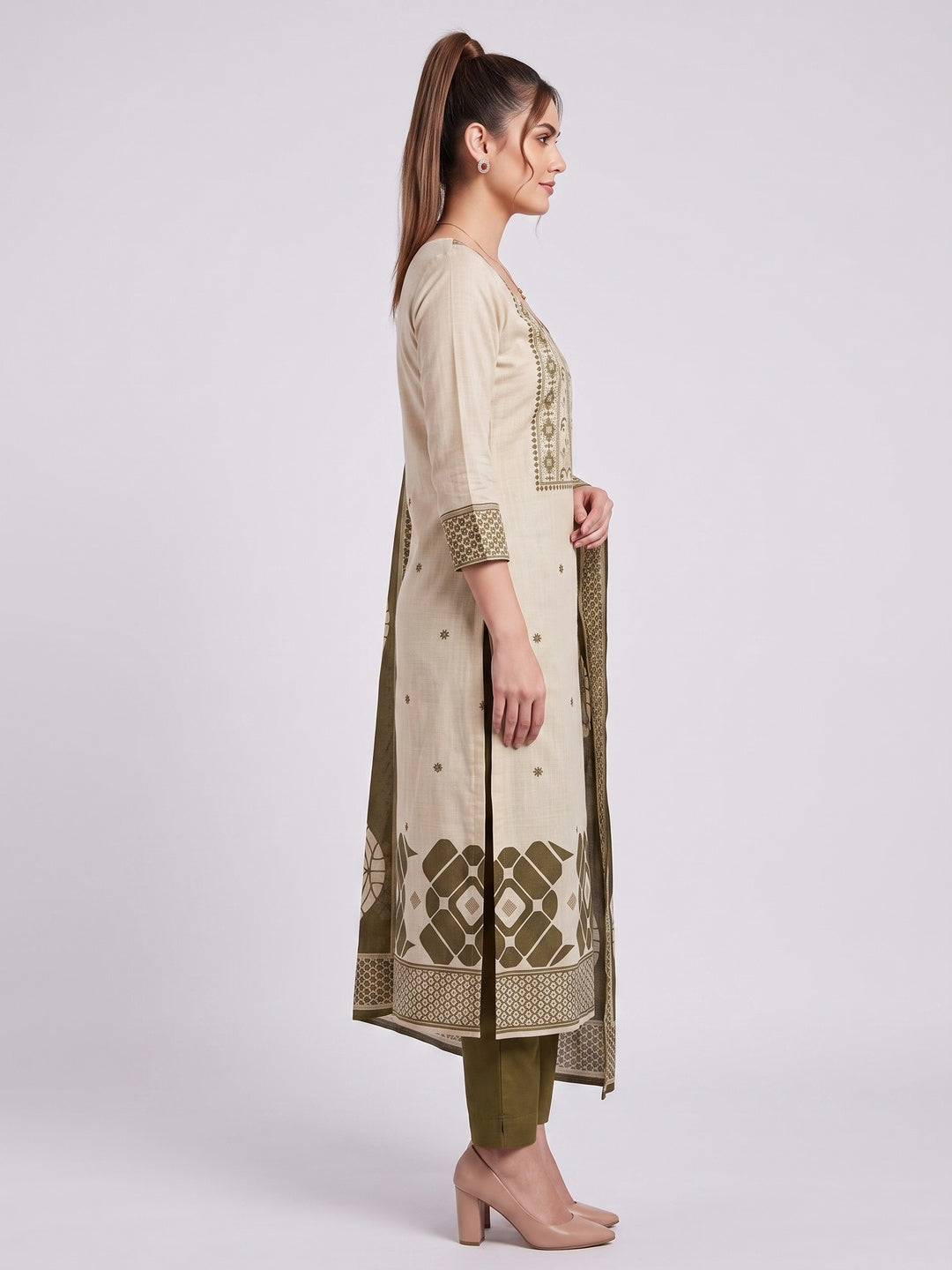 Peachmode Green Cotton Dress Material with Geometric - Image 4