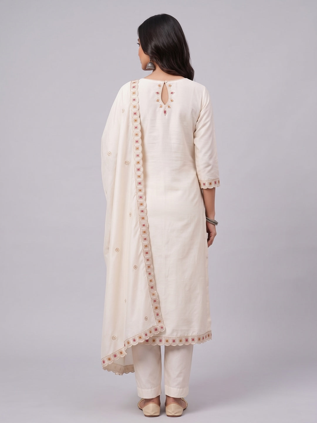 Off White Thread Embroidered Vichitra Silk Dress Material - Image 3