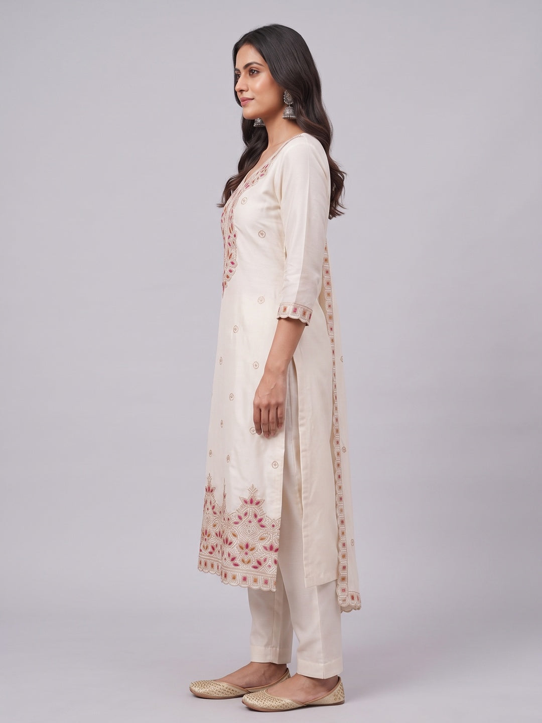 Off White Thread Embroidered Vichitra Silk Dress Material - Image 4