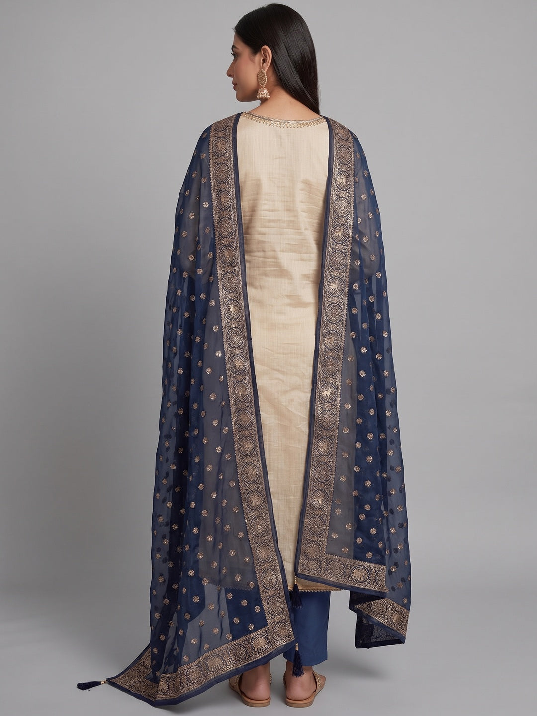 Cream & Blue Butti Weaving Shimmer Dress Material With Elegant Cording Embroidery Work On Neck - Image 3