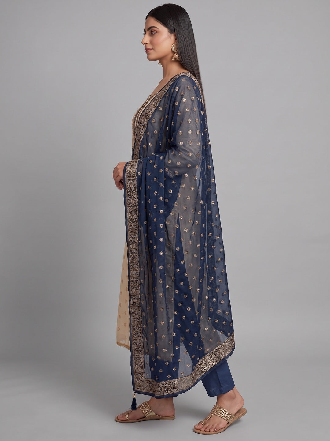 Cream & Blue Butti Weaving Shimmer Dress Material With Elegant Cording Embroidery Work On Neck - Image 4