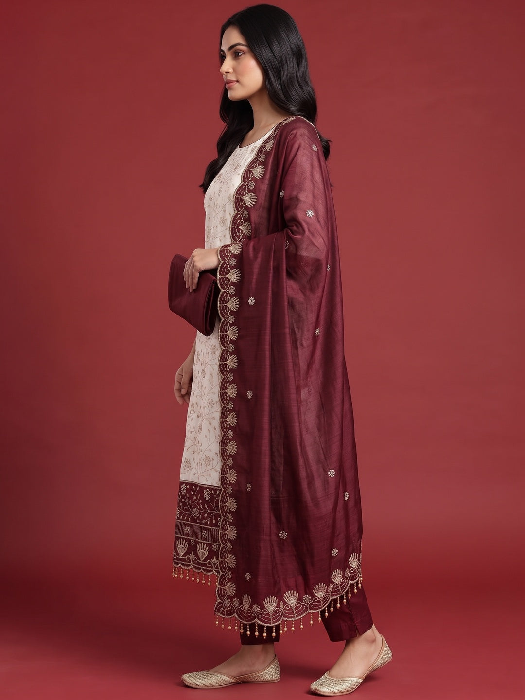 Chic OffWhite & Maroon Vichitra Silk Dress Material Adorned With Floral Embroidery - Image 3