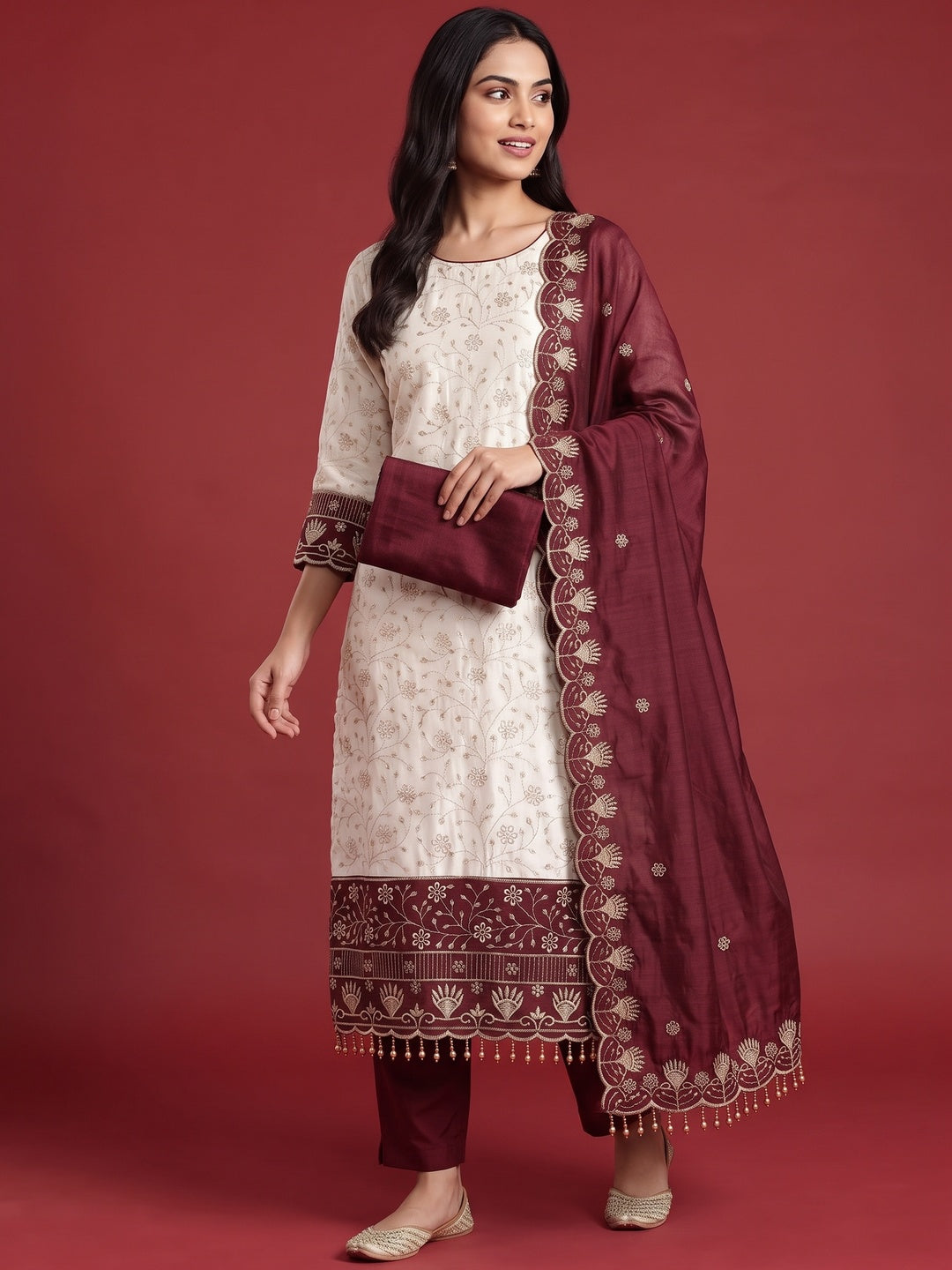 Chic OffWhite & Maroon Vichitra Silk Dress Material Adorned With Floral Embroidery - Image 4