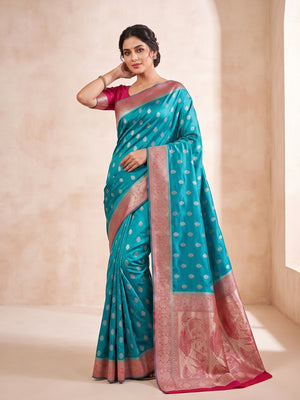 Teal Satin Silk Saree with Zari Work and Contrast Pink Border - Image 4