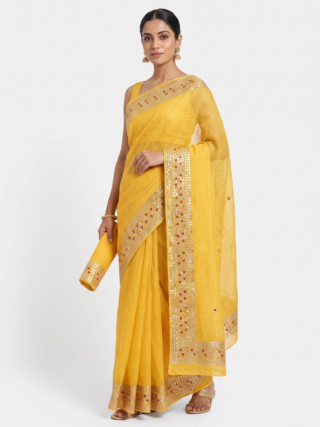 Yellow Ethnic Kota Doria Saree Designed with Beautiful Traditional Gota Embroidery - Image 1
