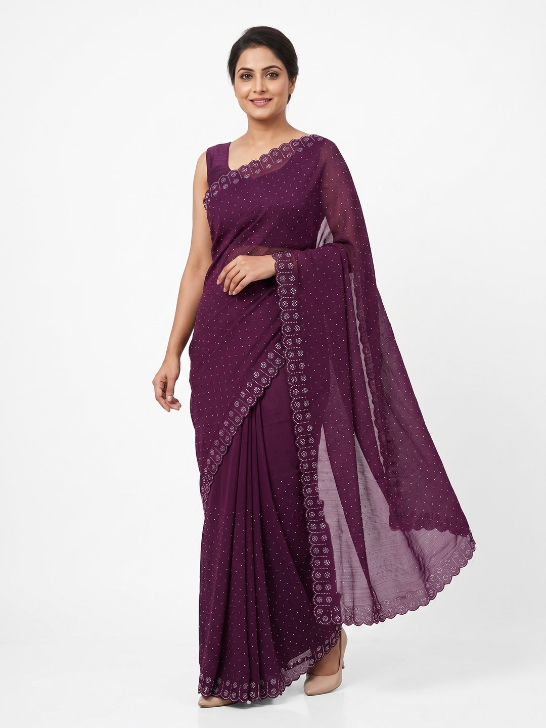 Chiffon Saree in Purple with Sparkling Stone Work Finish - Image 1