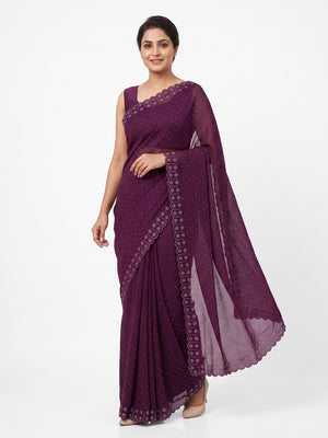 Chiffon Saree in Purple with Sparkling Stone Work Finish - Image 1