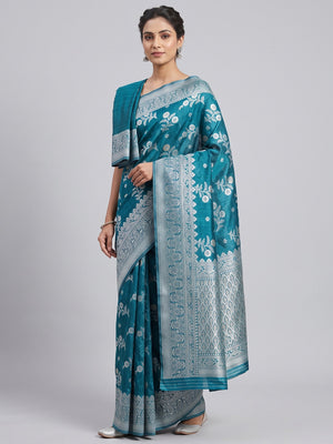 Festive Wear Rama Blue Banarasi Silk Saree with Floral Zari Work - Image 1