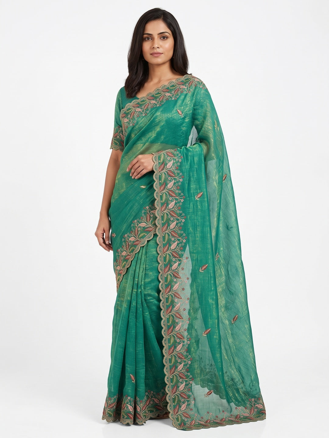 Mesmerizing Rama Green Chiffon Saree Showcasing Artistic Floral Embroidery For A Luxurious Appeal - Image 1