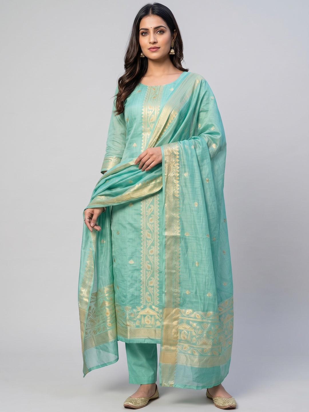 Sea Green Chanderi Cotton Dress Material Featuring Detailed Woven Design - Image 3