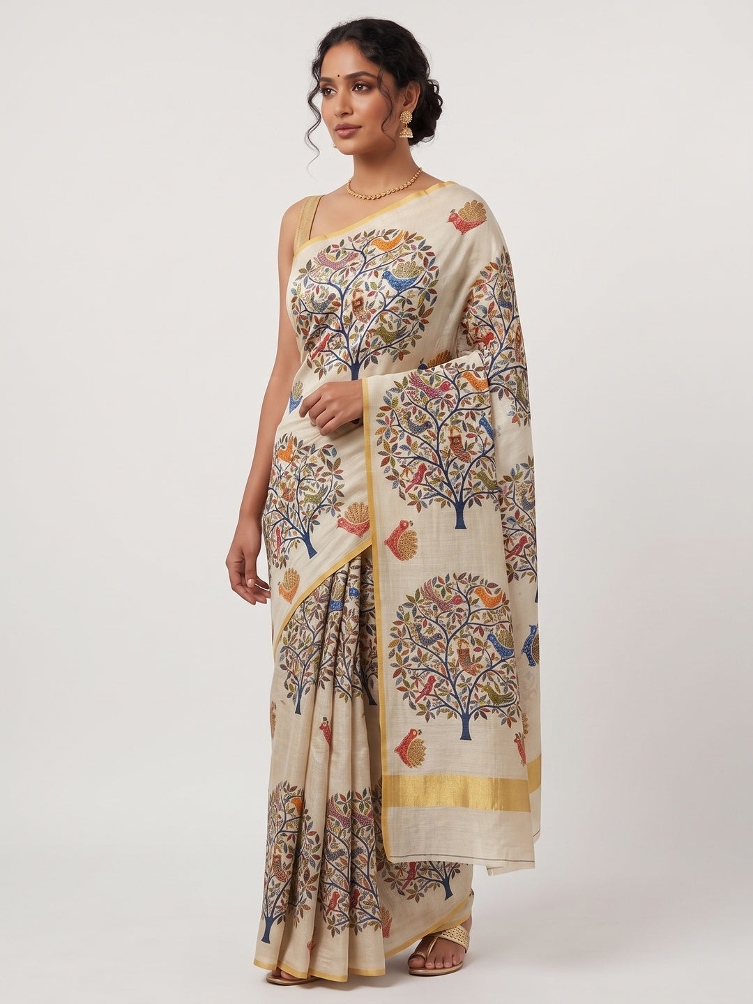 Ethnic Beige Tussar Silk Saree with Detailed Tree of Life Printed Motifs - Image 1