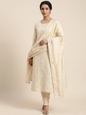 Cream Lucknowi Embroidery Work Dress Material Crafted In Premium Modal Chanderi Silk - Image 1
