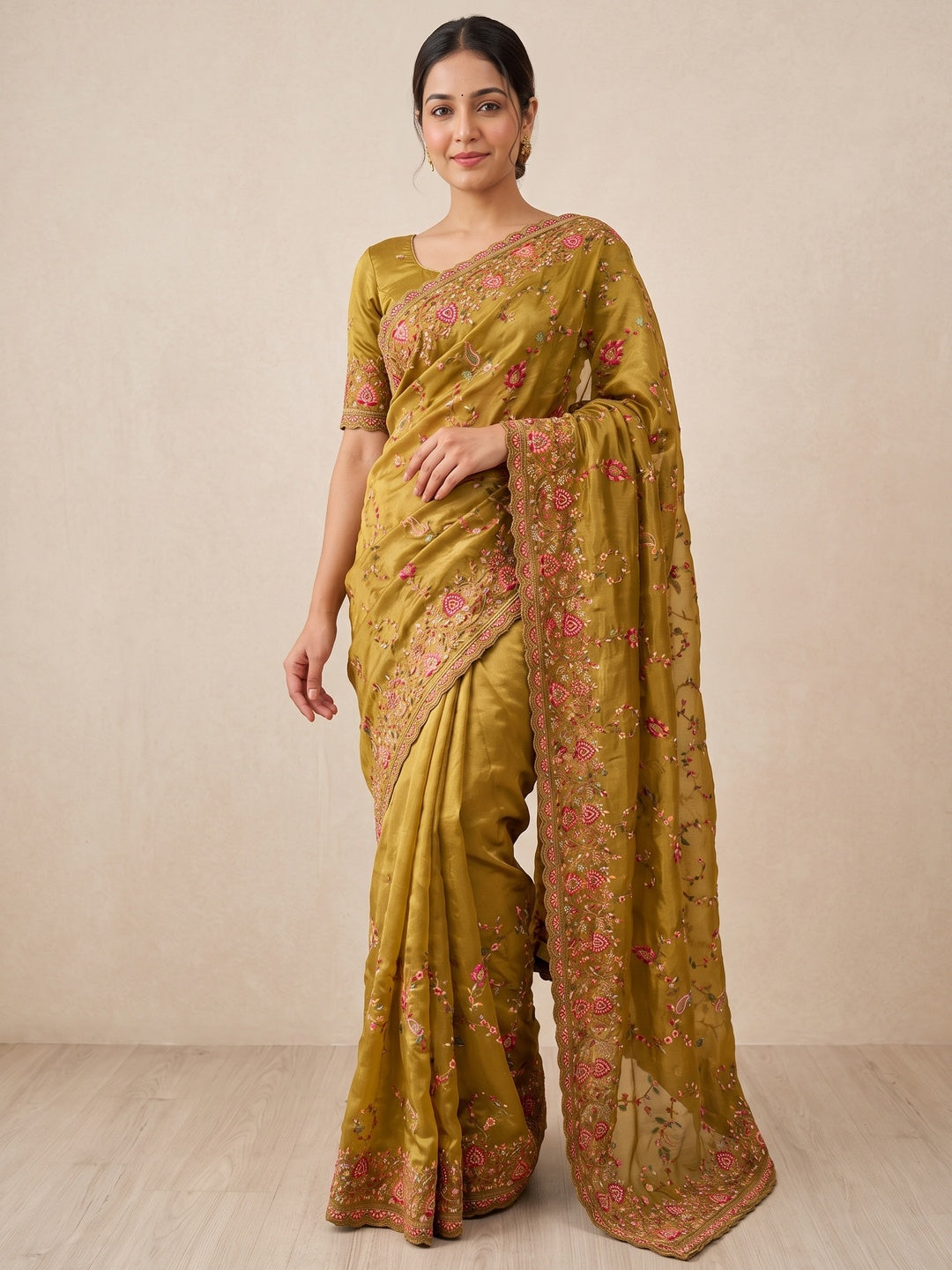Elegant Mustard Satin Saree with Intricate Thread Work Embroidery - Image 1