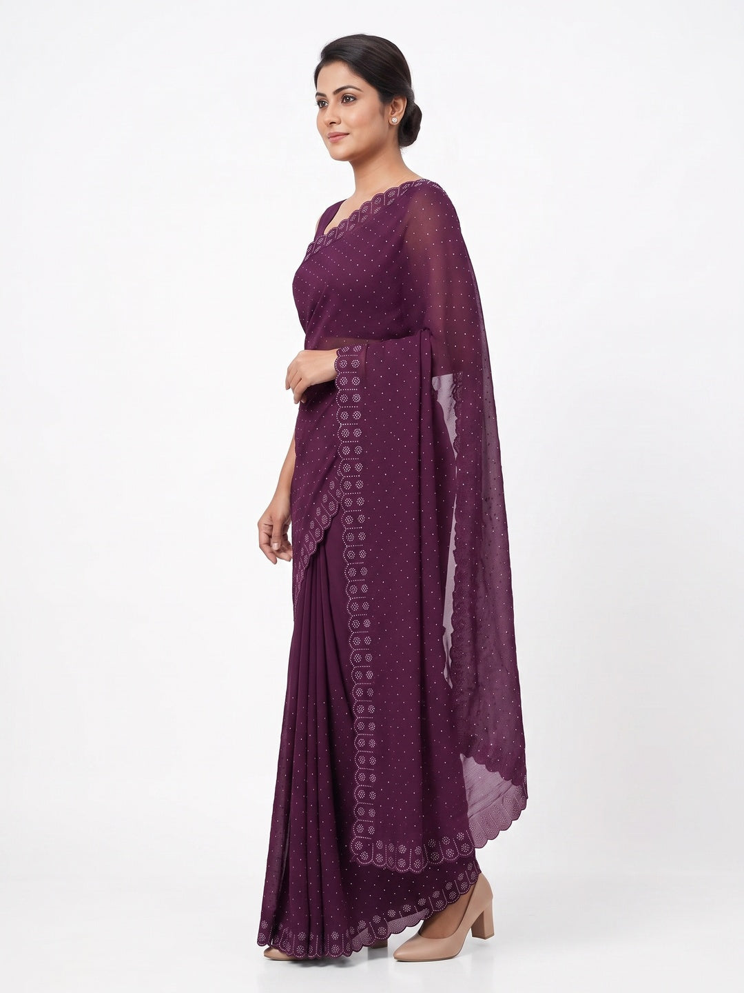 Chiffon Saree in Purple with Sparkling Stone Work Finish - Image 3
