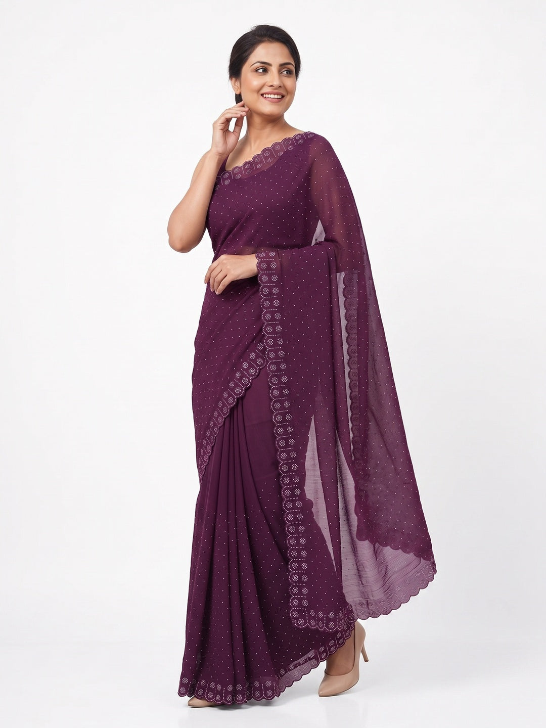 Chiffon Saree in Purple with Sparkling Stone Work Finish - Image 4
