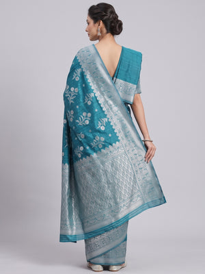 Festive Wear Rama Blue Banarasi Silk Saree with Floral Zari Work - Image 2