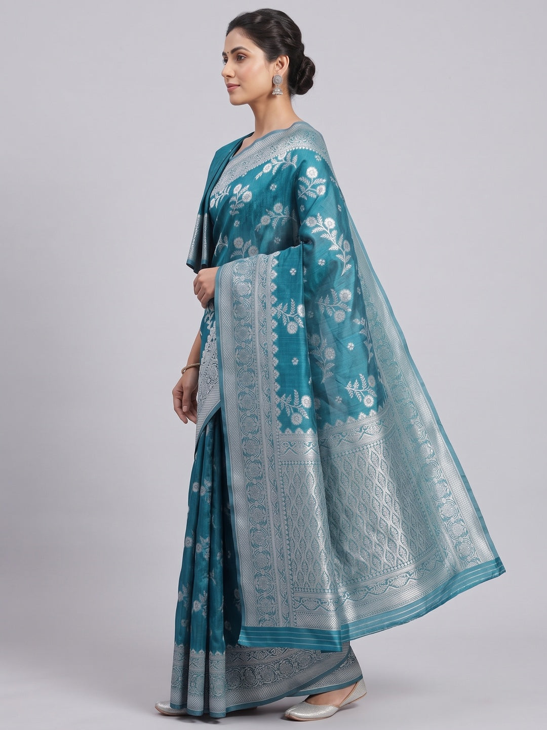 Festive Wear Rama Blue Banarasi Silk Saree with Floral Zari Work - Image 3