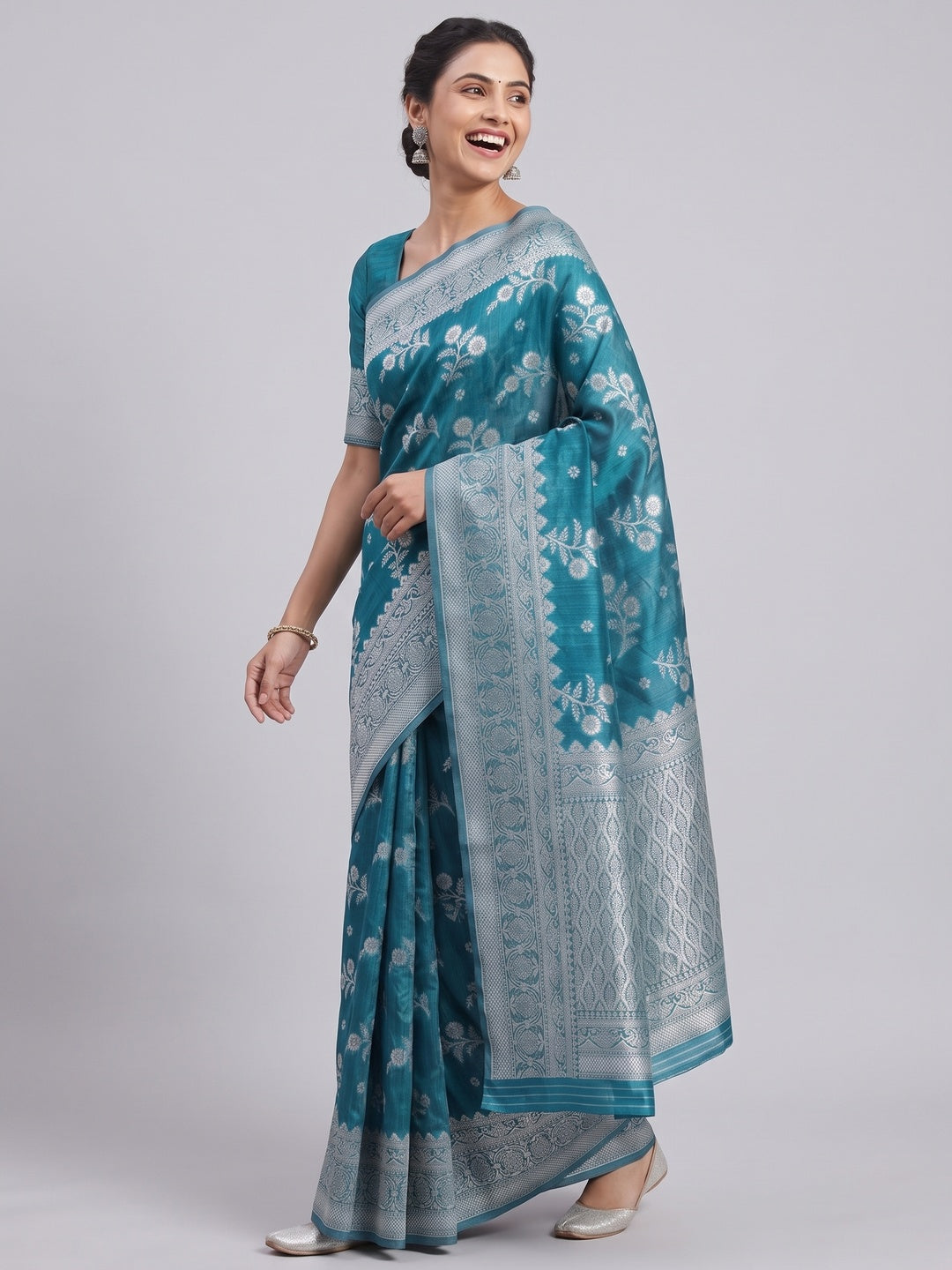 Festive Wear Rama Blue Banarasi Silk Saree with Floral Zari Work - Image 4