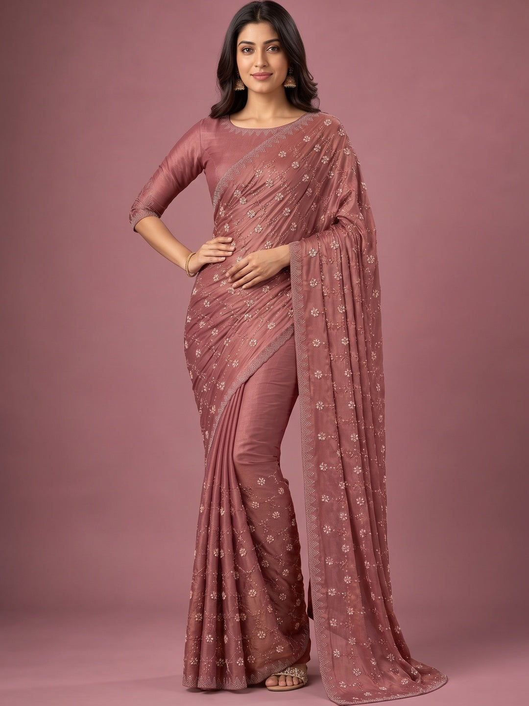 Peachmode Mauve Satin Silk Saree with Stone Work Border - Image 4