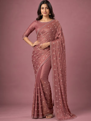 Peachmode Mauve Satin Silk Saree with Stone Work Border - Image 4