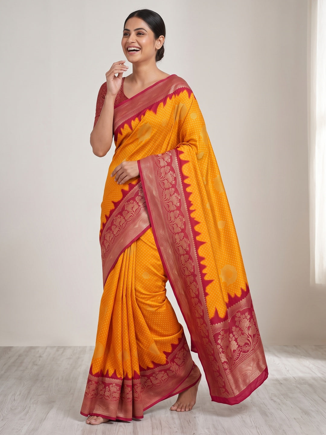 Orange Bandhani Printed Dola Silk Saree Adorned With Luxe Floral Weaving Border Work - Image 1
