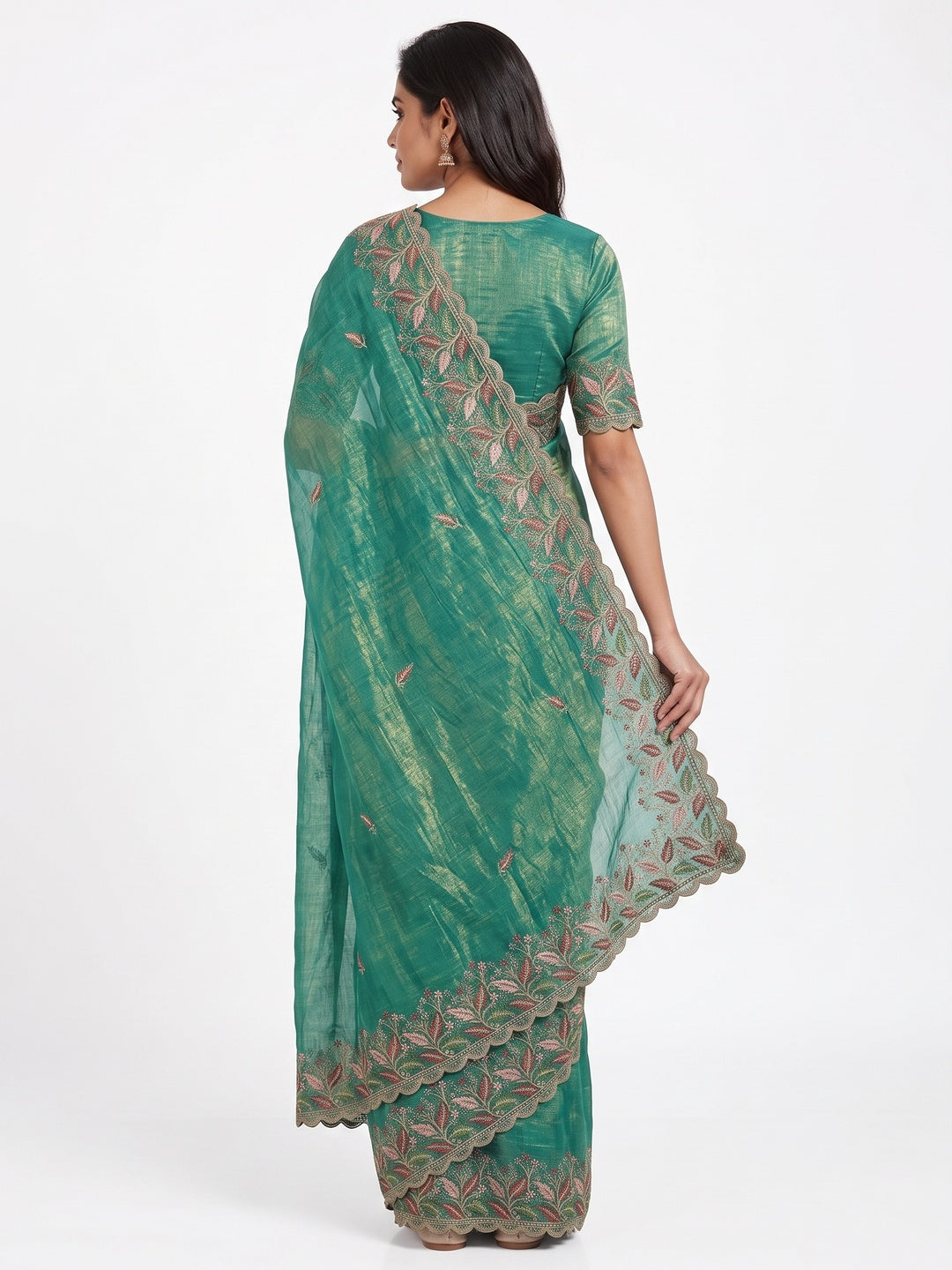 Mesmerizing Rama Green Chiffon Saree Showcasing Artistic Floral Embroidery For A Luxurious Appeal - Image 2