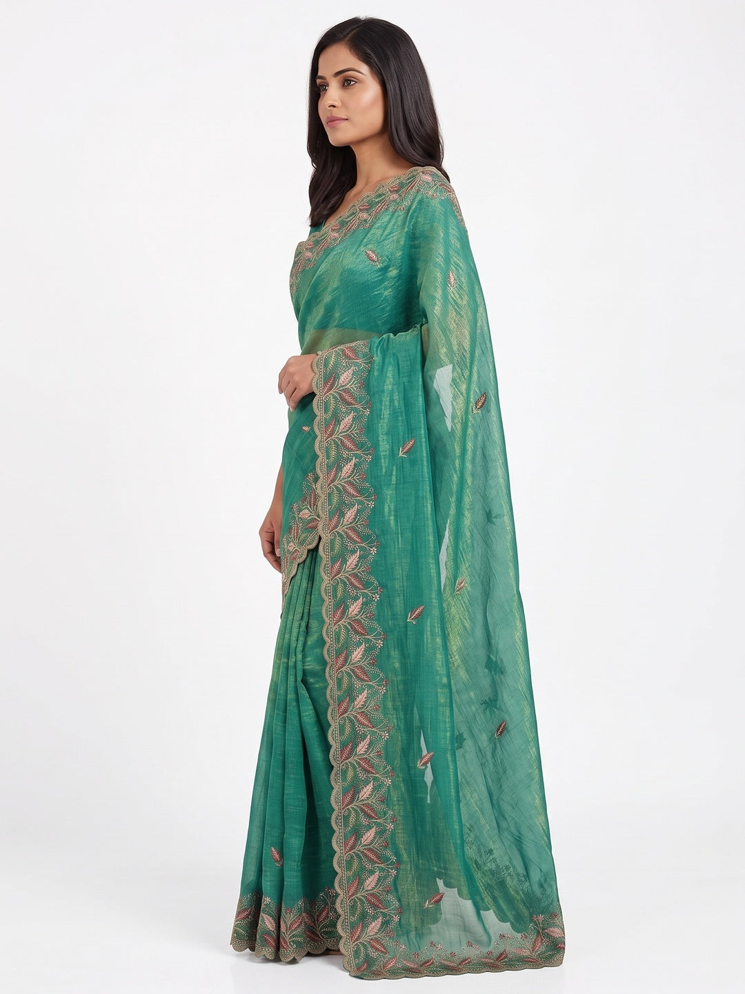 Mesmerizing Rama Green Chiffon Saree Showcasing Artistic Floral Embroidery For A Luxurious Appeal - Image 3