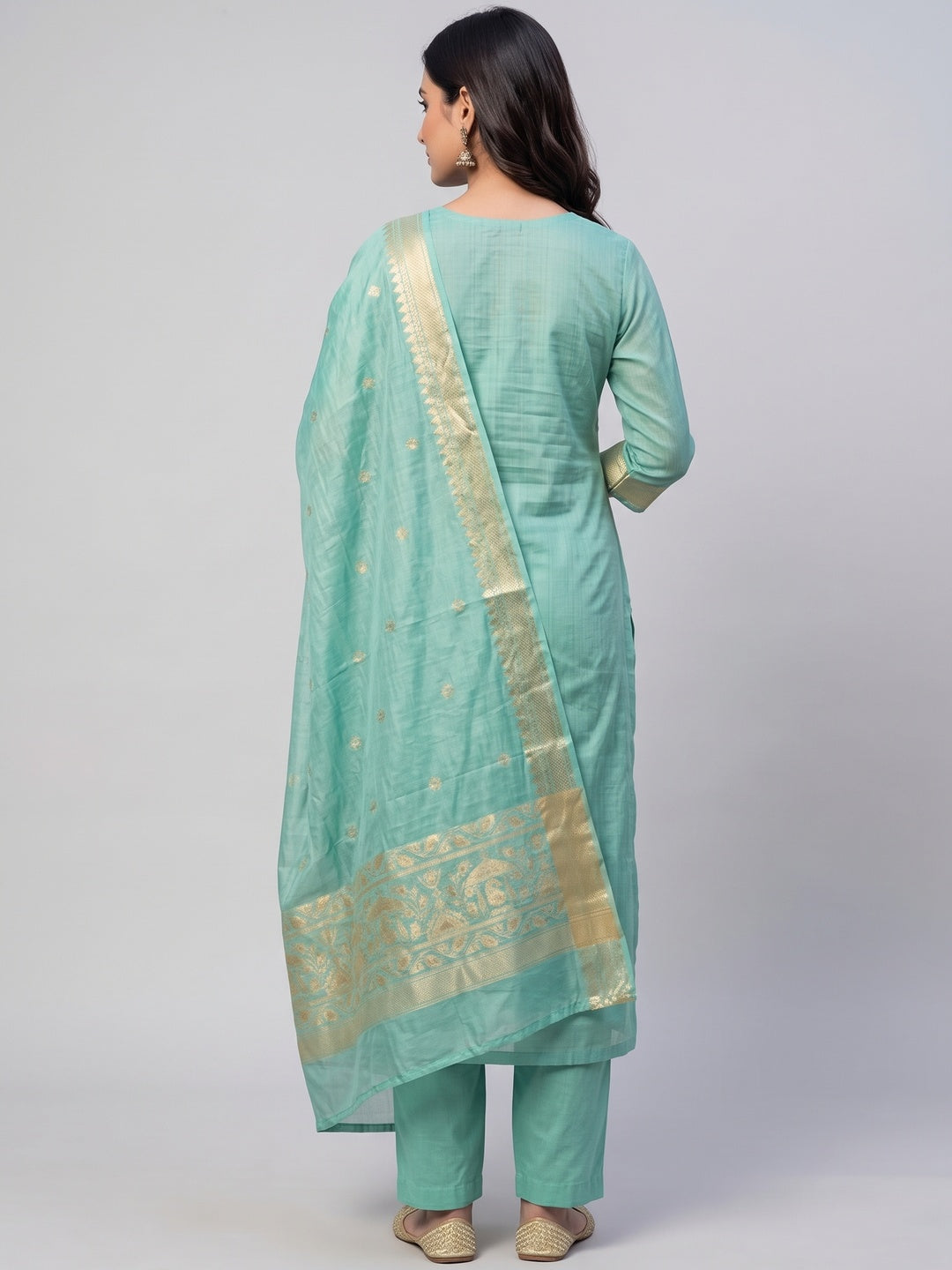 Sea Green Chanderi Cotton Dress Material Featuring Detailed Woven Design - Image 4