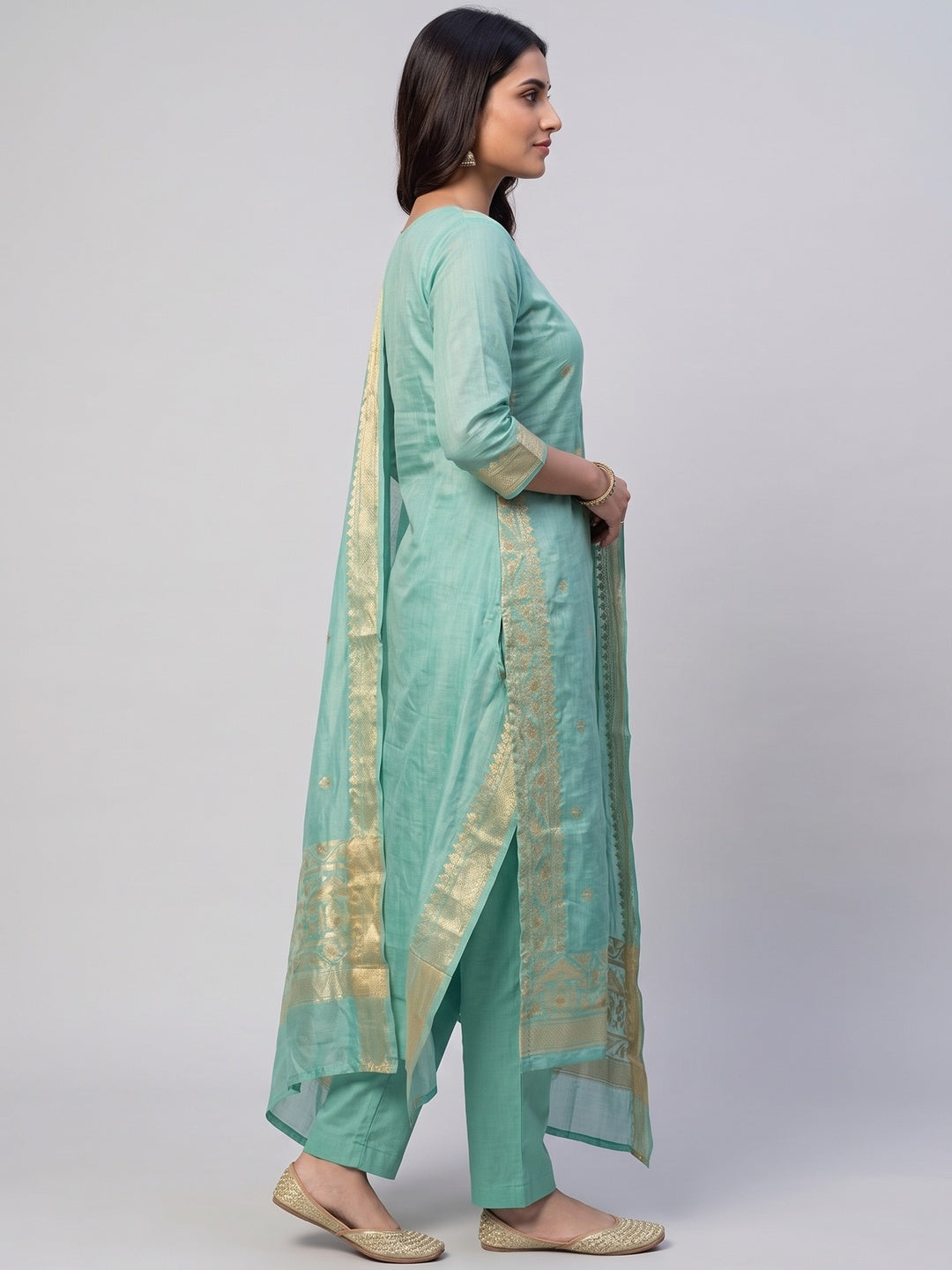 Sea Green Chanderi Cotton Dress Material Featuring Detailed Woven Design - Image 5