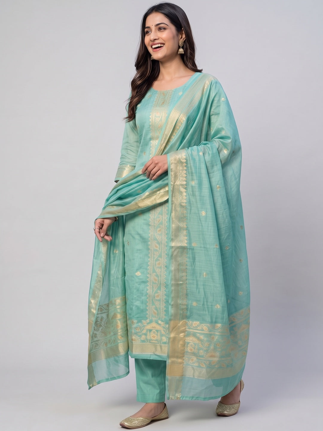 Sea Green Chanderi Cotton Dress Material Featuring Detailed Woven Design - Image 6