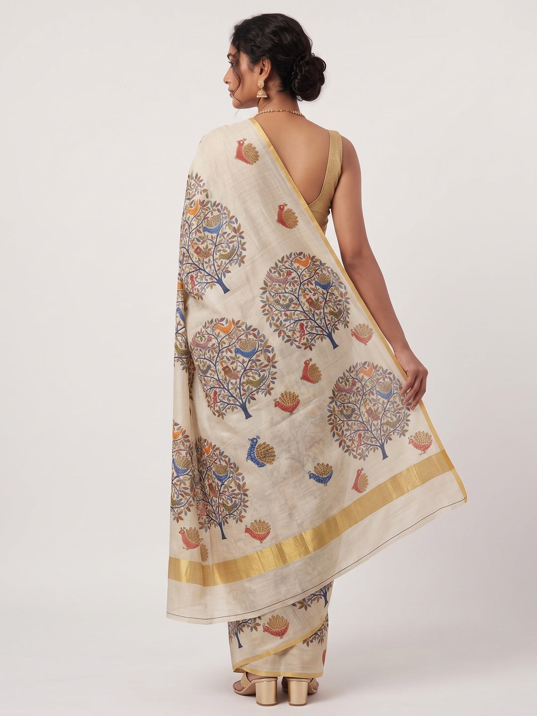 Ethnic Beige Tussar Silk Saree with Detailed Tree of Life Printed Motifs - Image 2